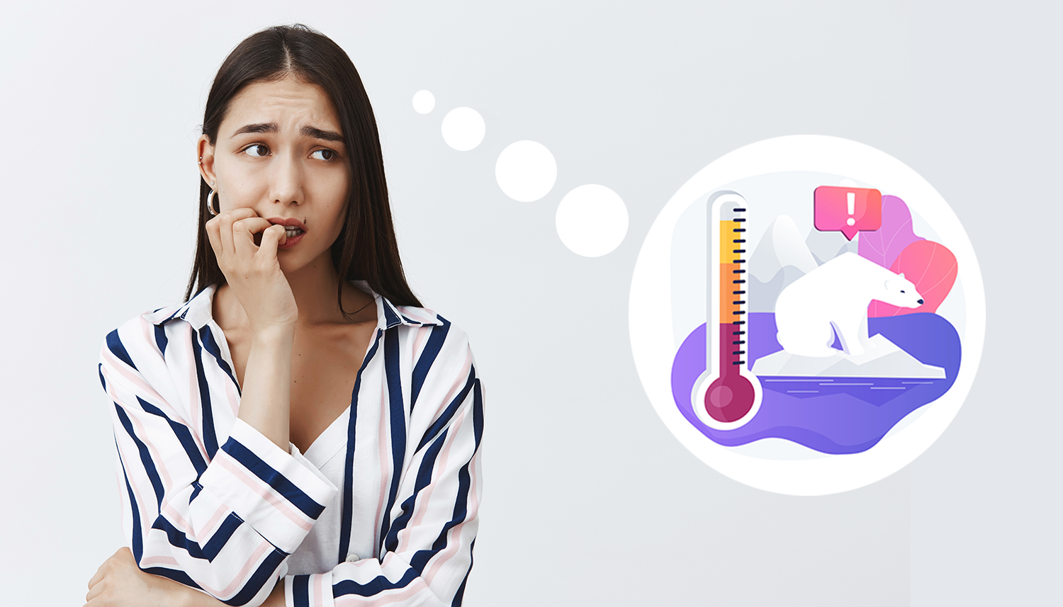 Horizontal shot of anxious good-looking female student in striped blouse, biting fingernail nervously, frowning and looking aside, being scared of consequences, standing over gray background